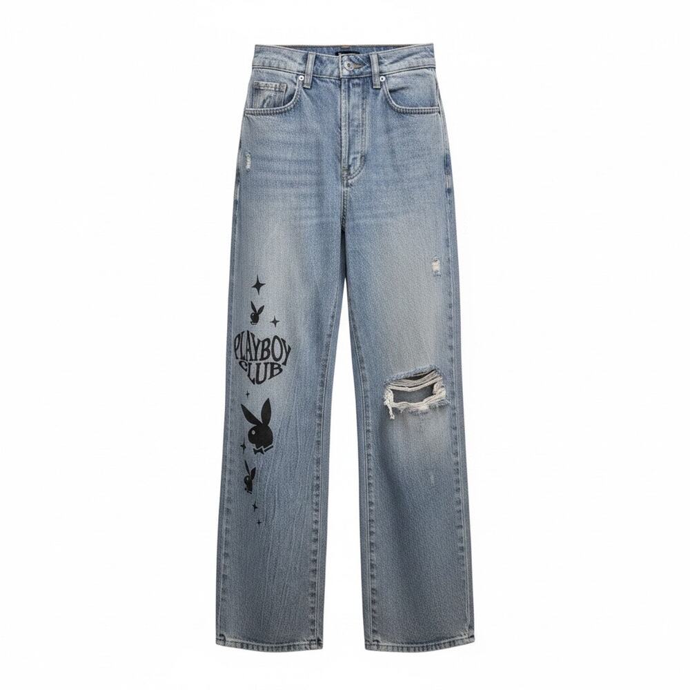 Playboy Pac Sun Jeans Wide Leg Airbrushed Painted Baggy Y2K Light Wash Denim 24